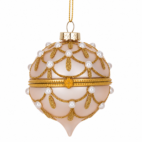 Blush glass onion hinged box ornament with gold glitter swags.
Jeweled Christmas ornament with pearl-like beads and gold center band.
2.5 x 3 inch glass ornament with blush finish and onion shape.
