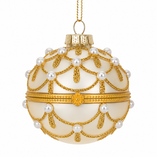 Ivory glass ball hinged box ornament with gold glitter swags.
Jeweled Christmas ornament with pearl-like beads and gold center band.
2.5 x 3 inch glass ornament with ivory finish and gold accents.