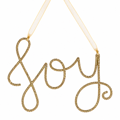 Gold glitter Joy ornament in script lettering hanging from ribbon.
Plastic Christmas word ornament spelling Joy with a sheer gold ribbon.
5.5 x 3.25 inch Joy ornament for tree, wreath, or garland décor.
