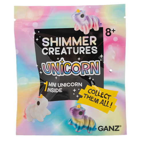 Shimmer Creatures Unicorn Mini Blind Bag with pastel packaging.
Ganz blind bag showing one surprise mini unicorn figure inside.
1.5–2 inch plastic unicorn collectible in colorful mystery bag packaging.