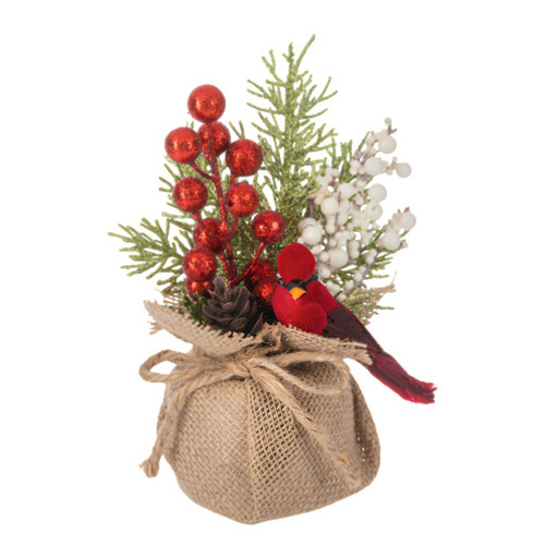 Mini cardinal and berry pine tree in a burlap-wrapped base.
Rustic Christmas tabletop decoration with red cardinal, pinecone, and berries.
7 inch plastic and burlap holiday accent with pine greenery.