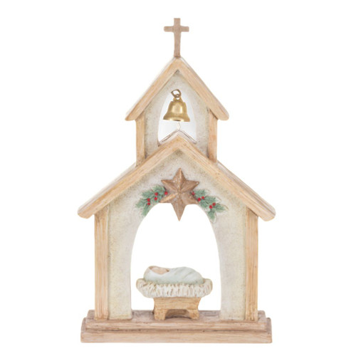 Rustic church figurine featuring Baby Jesus in a manger beneath an open chapel arch.
Resin and metal Christmas figurine with steeple bell, holly accents, and star detail.
4.5 x 1.5 x 7.25 inch nativity-inspired church decoration for holiday displays.