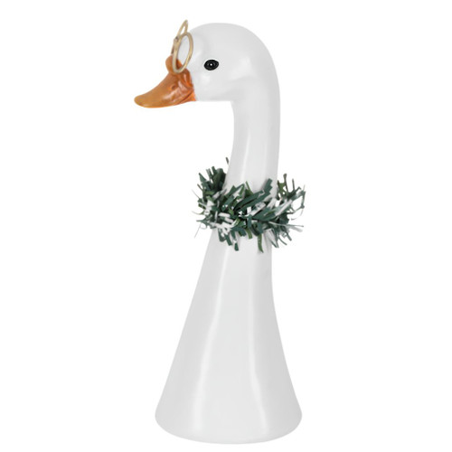 White resin Christmas goose figurine with green wreath around its neck.
Holiday goose decoration with orange beak, black eye, and hanging ring detail.
2.5 x 3 x 7 inch Christmas goose figurine for tabletop or mantel décor.