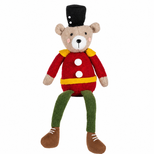 Tan bear soldier shelf sitter wearing a red jacket, green legs, and black hat.
Holiday bear shelf sitter with yellow trim, white buttons, and brown shoes.
Polyester and sand bear soldier decoration for mantels and shelves.