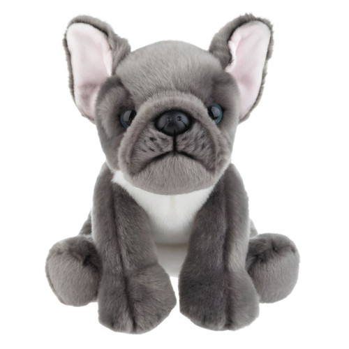 Gray plush French bulldog with white chest and large upright ears.
12 inch Heritage Collection plush dog seated with soft gray fur.
French bulldog stuffed animal with expressive face and rounded paws.