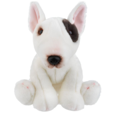 White plush Bull Terrier with upright ears and dark patch around one eye.
12 inch Heritage Collection plush dog seated with soft white fur.
Bull Terrier stuffed animal with black nose, pink ears, and rounded paws.