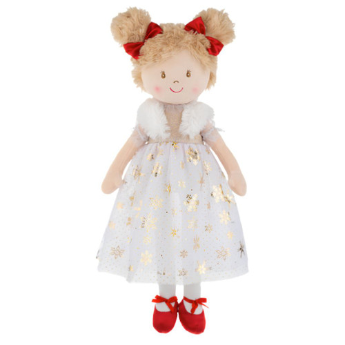 Aurelia Snowflakes Rag Doll with blonde hair, red bows, and red shoes.
20 inch plush rag doll wearing a white dress with gold snowflake accents.
Soft holiday doll with embroidered face and winter-inspired outfit.