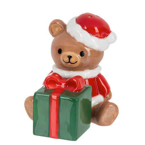 Ceramic bear and present salt and pepper shakers with Santa-style outfit.
Christmas bear shaker beside green wrapped gift with red bow.
Glossy 3.25 inch ceramic holiday salt and pepper shaker set.