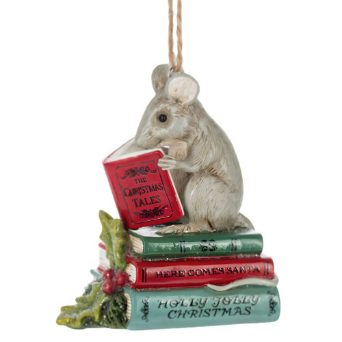 Mouse reading a red Christmas book while sitting on stacked books.
Resin mouse ornament with holly, berries, greenery, and holiday book details.
Small mouse on stack of books ornament with attached hanging cord.