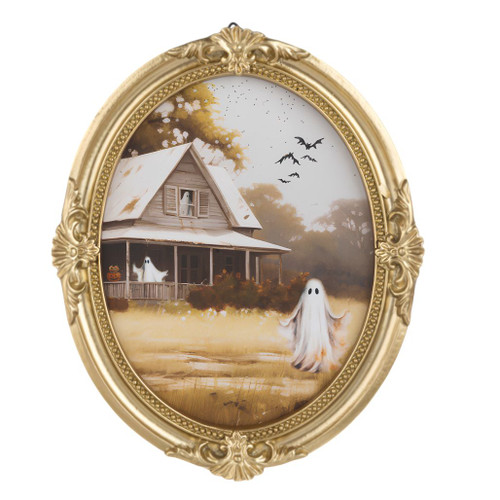 Oval Halloween wall decor with haunted house, ghosts, bats, and gold-look frame.
Resin framed ghost and house artwork with vintage Halloween styling.
Small Halloween wall accent measuring 5 3/4 x 5/8 x 6 7/8 inches.