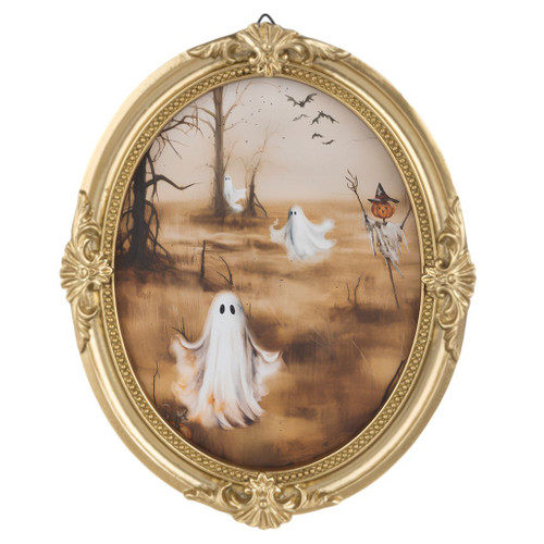 Oval Halloween wall decor with ghosts in a field, bats, trees, and scarecrow.
Resin framed ghost field artwork with ornate gold-look oval frame.
Small Halloween wall accent measuring 5 3/4 x 5/8 x 6 7/8 inches.