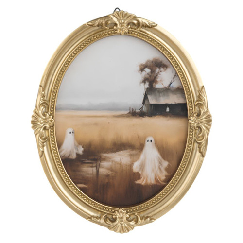 Oval Halloween wall decor with ghosts in a misty field and barn in background.
Resin framed ghost field artwork with ornate gold-look oval frame.
Small Halloween wall accent measuring 5 3/4 x 5/8 x 6 7/8 inches.