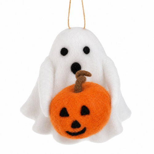 White felt ghost ornament holding an orange smiling jack-o’-lantern.
Handcrafted Halloween ghost ornament with hanging twine loop.
Polyester and wool ghost pumpkin ornament measuring 3.5 inches.