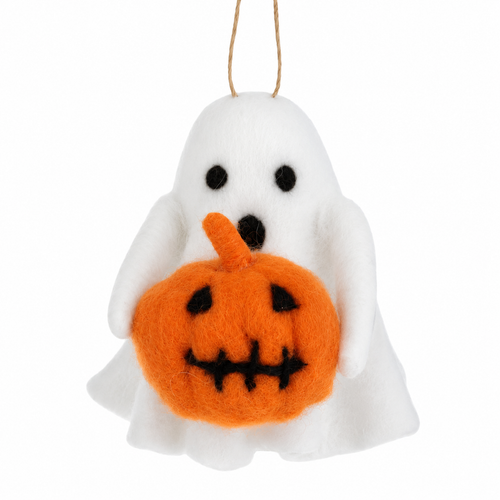 White felt ghost ornament holding orange jack-o’-lantern with stitched black smile.
Handcrafted Halloween ghost ornament with hanging twine loop.
Polyester and wool ghost pumpkin ornament measuring 3.5 inches.
