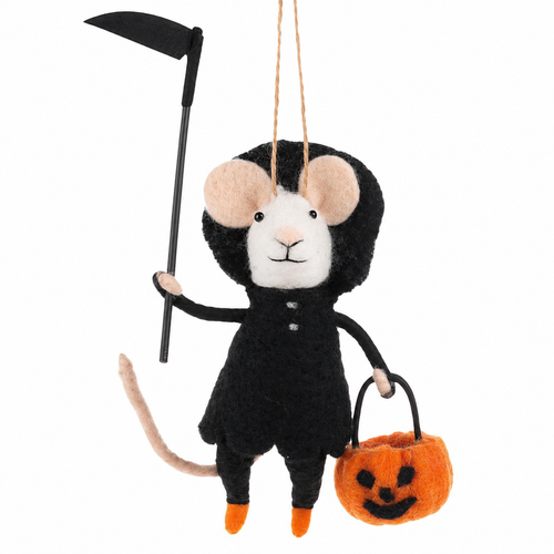 Handcrafted felt mouse ornament dressed as a grim reaper with scythe.
Halloween mouse ornament holding orange jack-o’-lantern treat bucket.
Polyester and wool grim reaper mouse ornament measuring 4 x 4.75 inches.