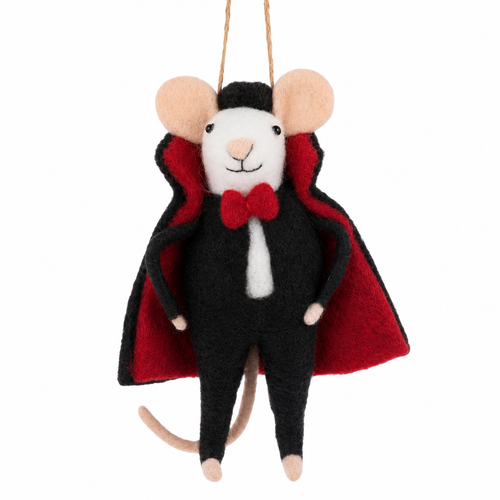 Handcrafted felt mouse ornament dressed as a vampire with red-lined cape.
Halloween vampire mouse ornament with black outfit and red bow tie.
Polyester and wool vampire mouse ornament measuring 4 x 4.75 inches.