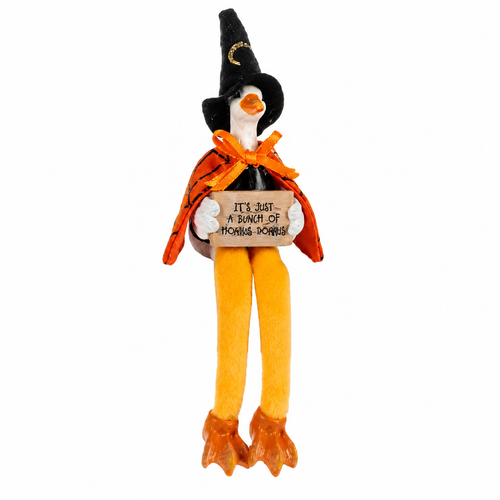 Duck shelfsitter dressed as a witch with a black hat and orange cape.
Halloween duck figurine holding a sign with long dangling legs.
Polyresin witch duck shelfsitter with orange webbed feet for seasonal décor.