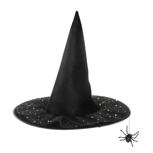 Black witch hat with star accents and dangling spider detail.
Pointed Halloween witch hat with wide brim and scattered gold stars.
Polyester Stars & Spider Witch Hat measuring 13 inches.