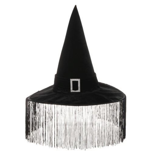 Black witch hat with long dangling fringe and buckle detail.
Pointed polyester Halloween witch hat with wide brim.
Fringe Witch Hat measuring 13 inches for Halloween styling.
