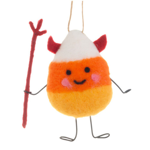 Handcrafted candy corn devil ornament with red horns and staff.
Soft polyester and wool Halloween ornament with wire arms and legs.
Orange, yellow, and white candy corn ornament with hanging cord.