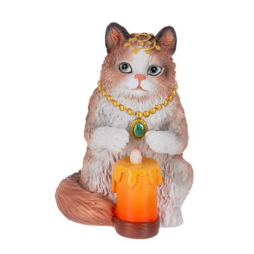 Polyresin cat figurine wearing gold jewelry with a green pendant.
Clairvoyant Critters cat sitting beside an orange candle accent.
3.5-inch Halloween cat figurine for tabletop or shelf display.