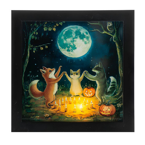 Black-framed light-up shadow box with fox, cat, and raccoon around candles.
Halloween woodland scene with full moon, pumpkins, owl, and glowing firelight.
4-inch MDF shadow box with 1 LED light; requires 2 C batteries.