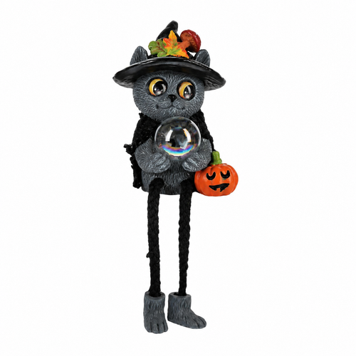Gray cat witch shelfsitter wearing a black hat and holding a crystal ball.
Polyresin Halloween cat with dangling legs and jack-o’-lantern accent.
7-inch cat witch shelf decoration for mantel or tabletop display.