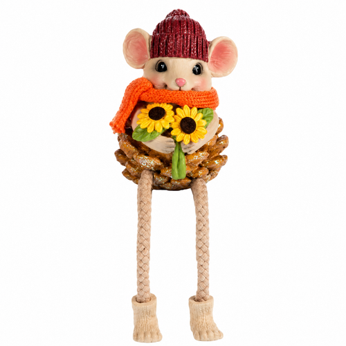 Polyresin mouse shelfsitter with pinecone body and dangling legs.
Mouse wearing a red hat and orange scarf while holding sunflowers.
6 inch fall woodland shelf decoration for mantels and tiered trays.