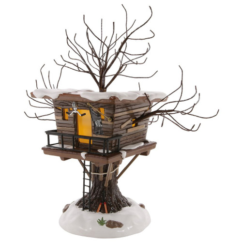 Department 56 Snow Village Kevin’s Tree House with snowy roof, bare branches, pirate flag, and lit windows.
Home Alone Kevin’s Tree House figurine showing wood-look hideout, ladder, railing, snow base, and USB light cord.
Rear view of lighted tree house with USB cord and adapter, winter branches, snowy roof, and warm window glow.