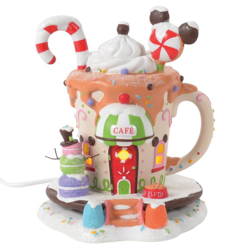 Department 56 Disney Village Mickey’s Peppermint Cafe porcelain building shaped like a decorated cocoa mug.
Lighted Mickey’s Peppermint Cafe with peppermint candy, whipped cream, café awning, and snowy base.
Disney Village café building with USB cord and adapter shown from multiple angles.