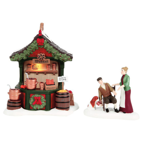 Department 56 Dickens Village Wassail Booth set with lighted booth, kettles, barrels, and serving scene.
Victorian wassail booth accessory with greenery, cinnamon details, seated villager, server, and dog.
Dickens Village Wassail Booth S/2 with USB cord and adapter shown from multiple angles.