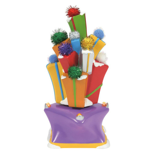 Department 56 Grinch Village Properly Packaged, My Dear rotating stack of colorful gifts.
Polyresin and stone powder gift tower with pom-pom toppers, snowy accents, and purple base.
Grinch Village accessory with rotating present pile requiring 2 C batteries, not included.