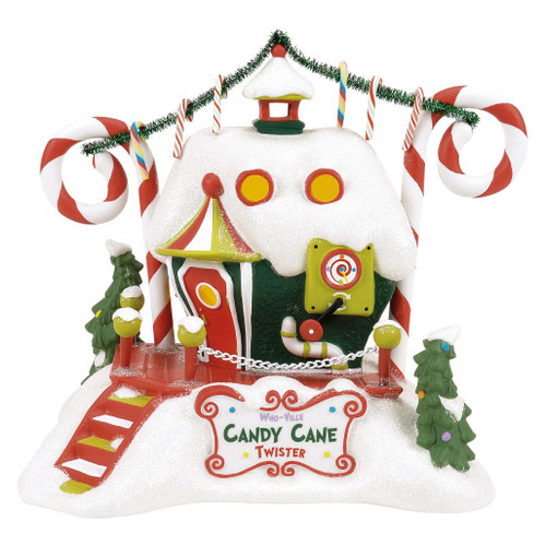 Department 56 Grinch Village Who-Ville Candy Cane Twisters building with peppermint poles and snowy roof.
Lit candy-themed Who-Ville building with twister machine detail, garland, trees, and USB power accessories.
Who-Ville Candy Cane Twisters building shown with Who-ville Candy Crew accessory, sold separately.
