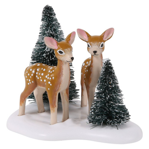 Department 56 Spotted In The Wild accessory with two spotted deer and snowy sisal trees.
Cross Village winter woodland scene with polyresin deer on a white snow base.
Small village accessory made from sisal and polyresin, measuring 2.5 inches high.