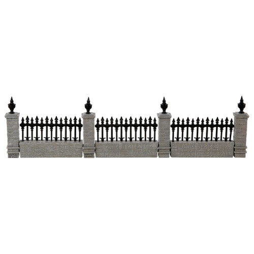 Department 56 Stone Fence set with gray stone posts and black iron-style fence panels.
Village accessory set with 4 posts and 3 panels for creating borders, gates, or pathways.
Iron and polyresin stone fence accessory measuring 2.65 inches high.