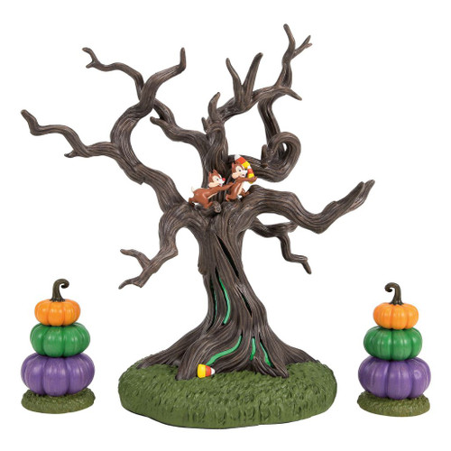 Department 56 Disney Village Not Ready To Share set with Chip and Dale in a gnarled tree.
Lit Halloween tree accessory with candy corn detail and two colorful pumpkin topiaries.
Officially licensed Disney Village set with USB cord and adapter included.