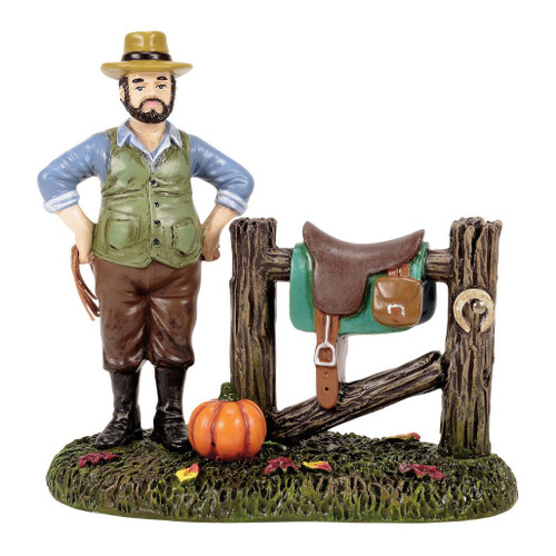 Department 56 Hans Van Ripper accessory with a man standing beside a rustic fence and saddle.
Snow Village Halloween polyresin figure with rope, pumpkin, grassy base, and autumn leaf details.
Sleepy Hollow-inspired village accessory featuring Hans Van Ripper near a saddle fence and pumpkin.