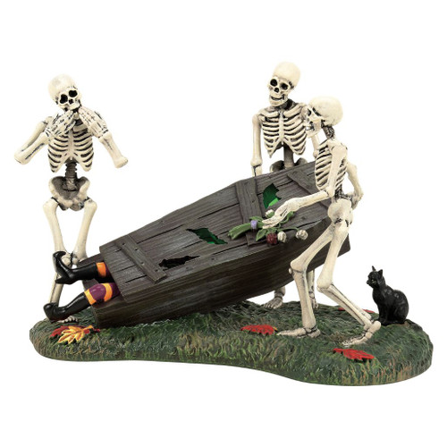 Department 56 50th The Clumsy Cortege accessory with skeleton pallbearers, tipped casket, and black cat.
Snow Village Halloween lighted funeral scene with skeletons carrying a damaged coffin on a grassy base.
USB-powered Halloween village accessory with LED detail, casket, skeleton figures, and autumn leaves.