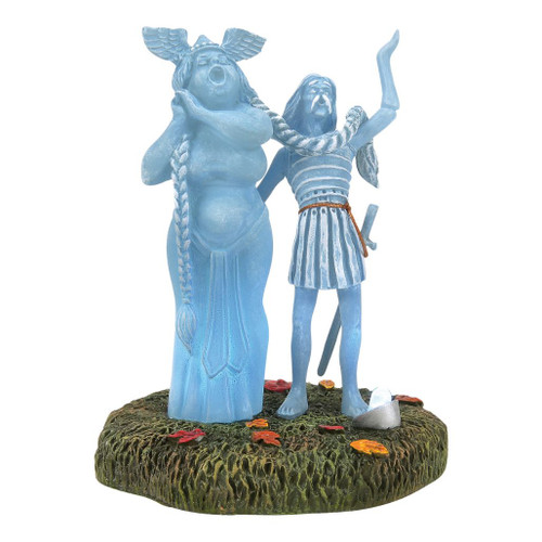 Department 56 Disney Harriet Steals The Scene accessory with two blue ghostly figures on a grassy base.
Snow Village Halloween Haunted Mansion-inspired scene with Harriet and companion posed in theatrical detail.
USB-powered polyresin village accessory with ghost figures, small light detail, rope accent, and fall leaves.