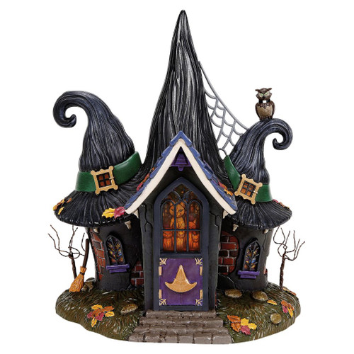 Department 56 Temple of Enlightened Hag Halloween building with witch hat rooflines, purple door, stained-glass windows, and owl.
Snow Village Halloween lighted witch temple with spiderweb, boot drop-off sign, broom, autumn leaves, and USB adapter.
50th Temple of Enlightened Hag building made with plastic, metal, calcium carbonate, resin, and USB light cord.