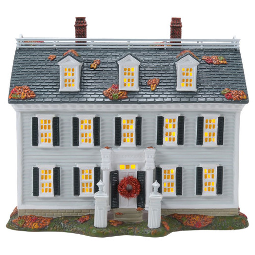 Department 56 Hocus Pocus Allison’s House building with white Colonial façade, black shutters, glowing windows, and fall leaves.
Officially licensed Disney village house with red wreath, rooftop leaves, brick chimneys, and USB light cord.
Snow Village Halloween Allison’s House building made of zinc alloy, ceramic, and USB light cord components.