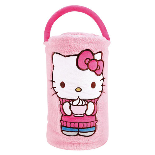 Pink Hello Kitty Cocoa SnowThrow blanket with plush handle and embroidered character holding hot cocoa.
Soft cylindrical fleece and sherpa blanket shown from side and back with pink fabric closure.
Hello Kitty SnowThrow blanket in 45in W x 60in L size, made with fleece, sherpa, and filling.
