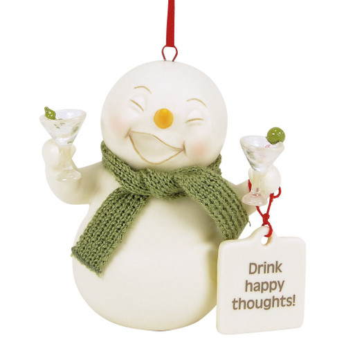 Snowpinions snowman ornament holding two glasses with a green scarf and red hanging ribbon.
Creamy bisque snowman ornament with tag reading “Drink happy thoughts!” and hand-painted details.
Side and back views of Snowpinions Drink Happy Thoughts ornament made with porcelain, polyresin, and polyester.