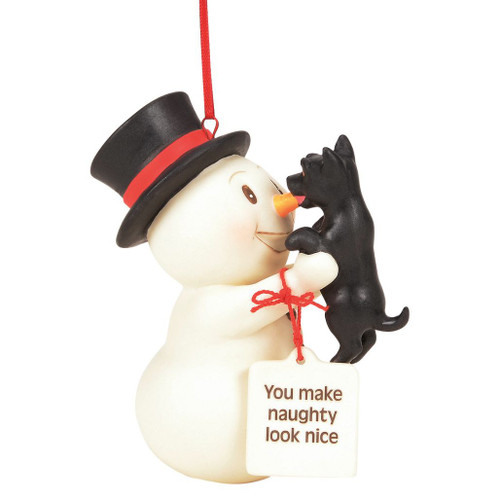 Snowpinions snowman ornament holding a black puppy with red hanging ribbon.
Creamy bisque porcelain snowman in black top hat with “You make naughty look nice” tag.
Side and back views of Snowpinions dog-themed ornament with hand-painted details.