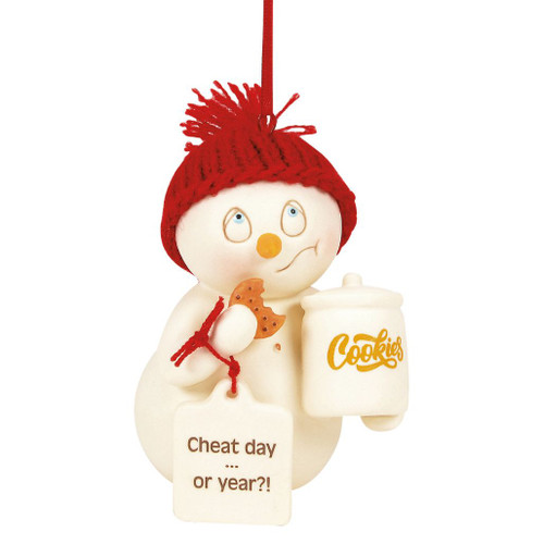 Snowpinions snowman ornament holding a cookie and a cookie jar with a "Cheat day...or year?!" sentiment tag.
Creamy bisque porcelain ornament with hand-painted details and a red knit hat from the 2026 Snowpinions collection.
Front, side, and back views of a whimsical hanging Christmas ornament for cookie lovers.