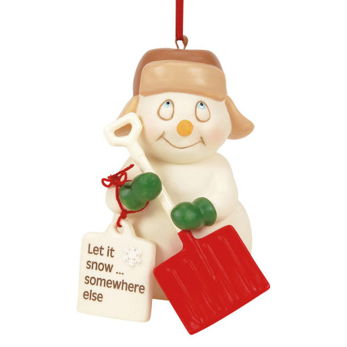 Snowpinions snowman ornament wearing an aviator hat and green mittens while holding a red snow shovel and a "Let It Snow... Somewhere Else" sentiment tag.
Hand-crafted creamy bisque porcelain ornament with hand-painted details from the 2026 Snowpinions collection.
Front, side, and back views of a humorous winter-themed Christmas ornament.