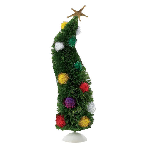 Department 56 Possible Dreams Small Wonky Tree figurine with curved green sisal shape and colorful pom-pom ornaments.
Whimsical tabletop Christmas tree with gold star topper and white base.
Small Wonky Tree figurine measuring 13.25 inches high, made from sisal, polyester, and resin.