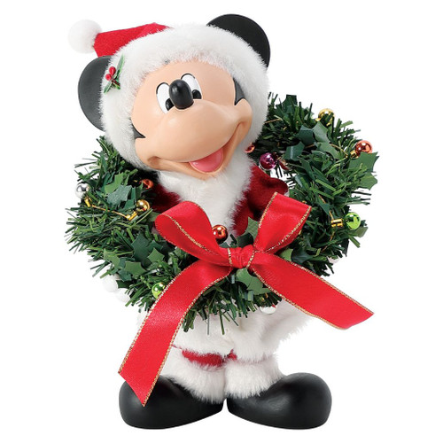 Department 56 Possible Dreams Holly Jolly Mickey Mouse figurine holding a Christmas wreath with red bow.
Officially licensed Disney Mickey Mouse collectible in Santa suit with festive wreath and ornament details.
Possible Dreams Holly Jolly Mickey Mouse figurine measuring 6.75 inches high with PVC, polyester, resin, and Clothtique materials.