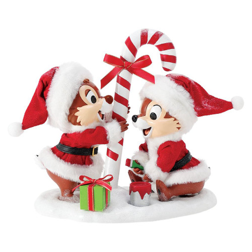 Department 56 Possible Dreams Too Sweet figurine with Chip and Dale painting a giant Christmas candy cane.
Chip and Dale collectible in Santa outfits with red-and-white candy cane, paint bucket, wrapped gift, and snowy base.
Possible Dreams Too Sweet figurine measuring 7.25 inches high with PVC, polyester, resin, and Clothtique materials.