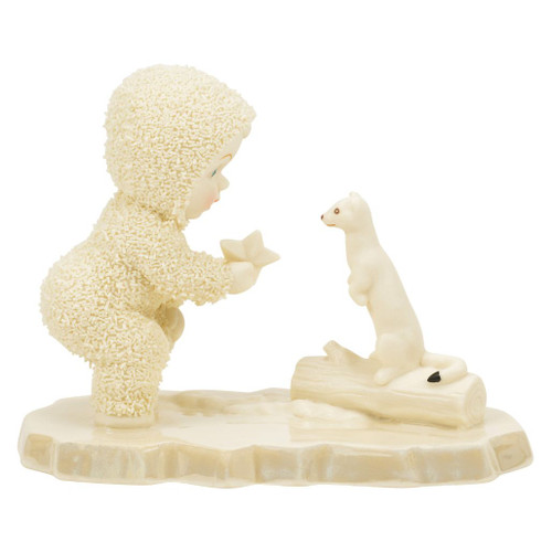 Snowbabies Yours, Ermine? porcelain figurine featuring a Snowbaby holding a star beside an ermine on a snowy log.
Hand-crafted creamy bisque porcelain collectible with hand-painted details and winter woodland scene.
Snowbabies winter figurine displaying a heartwarming friendship moment with an ermine companion.